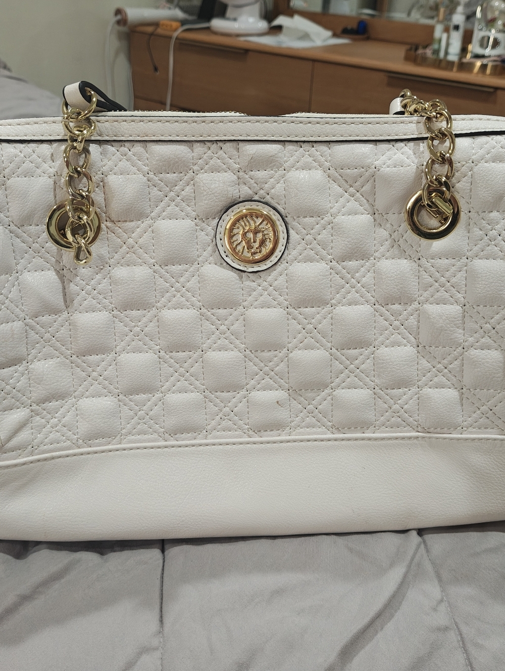 Anne Klein White Quilted Tote with Gold Chain Straps